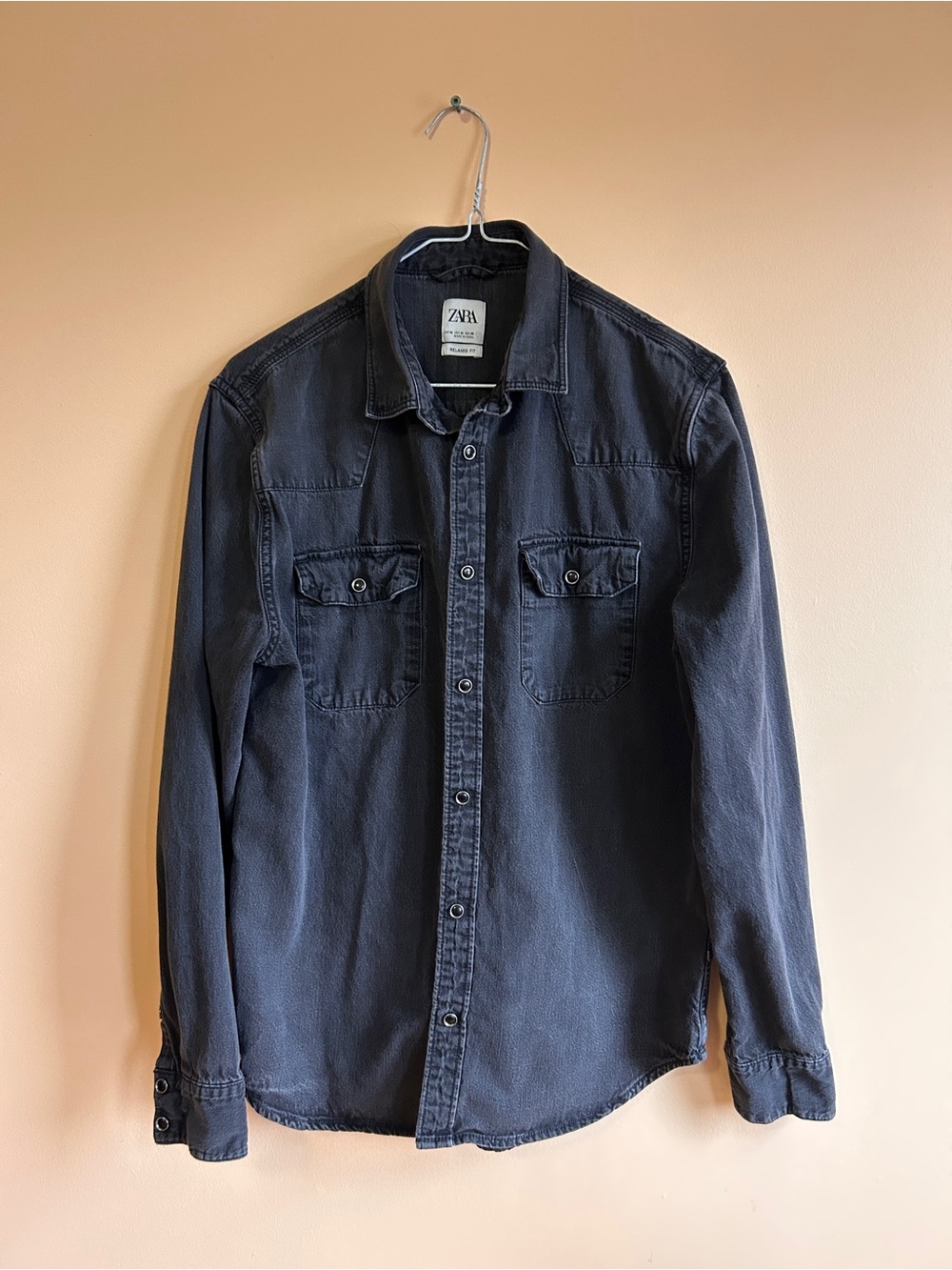 Zara Navy Casual Button-Down Shirt with Chest Pockets - M